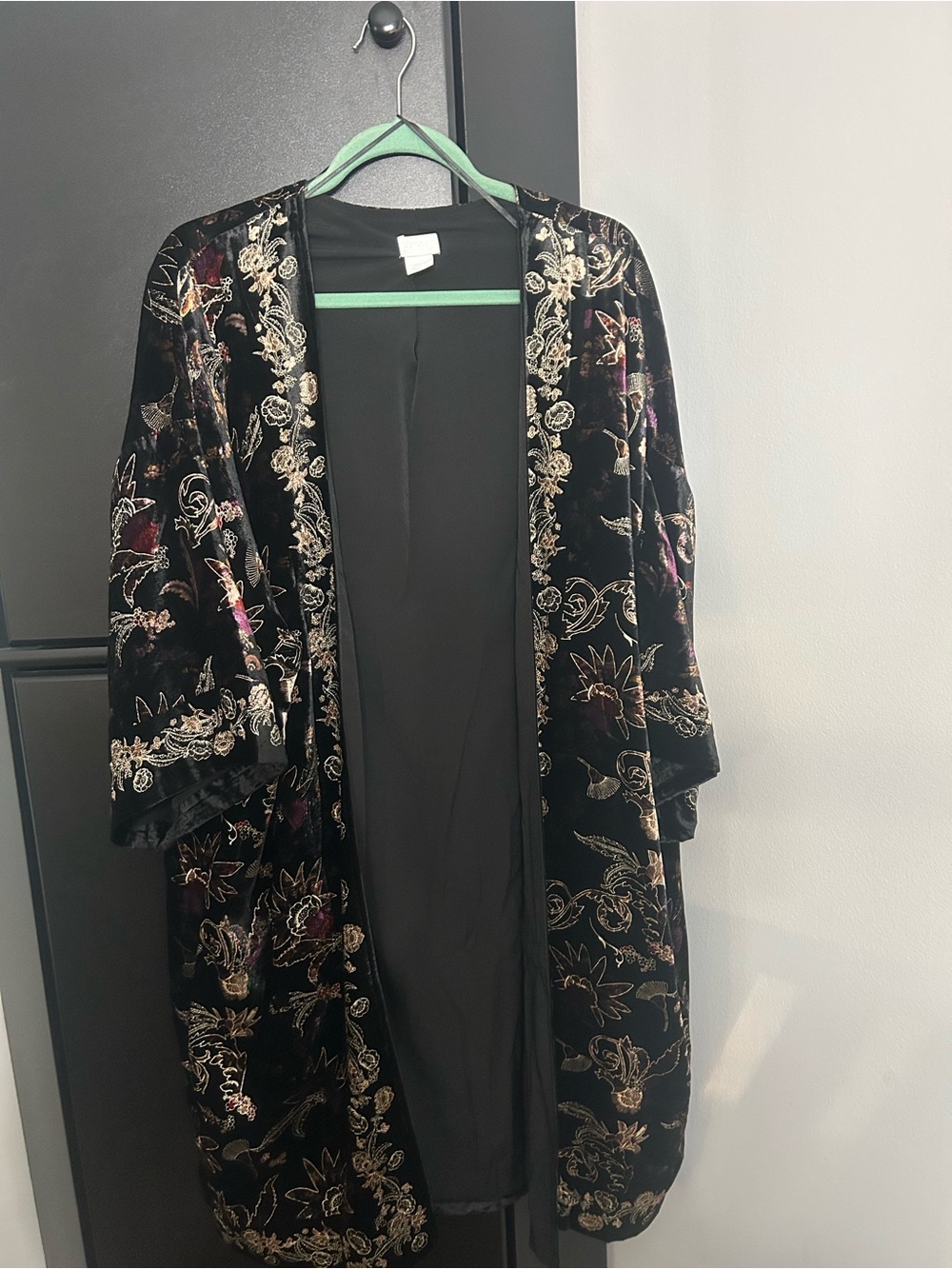 Chico's Black Velvet Embroidered Open-Front Kimono